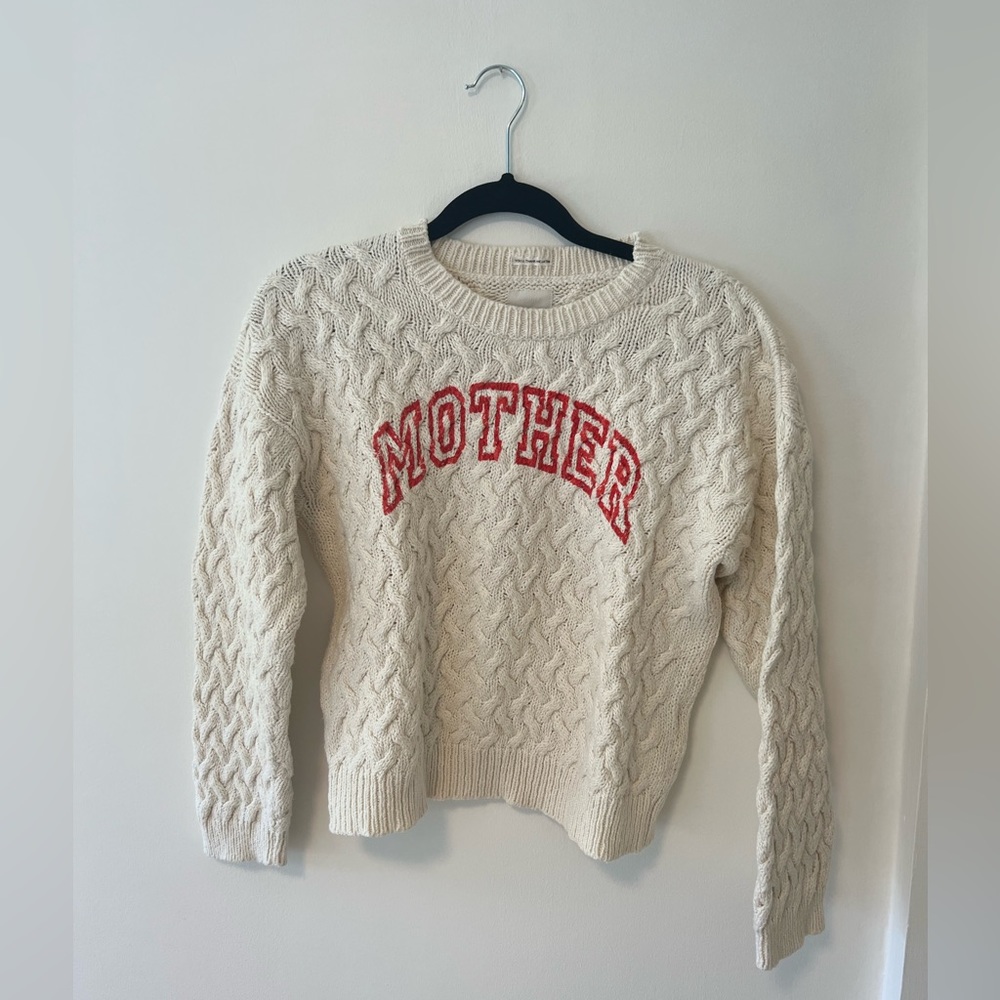MOTHER Cream Cable Knit Crewneck Sweater with Red Logo